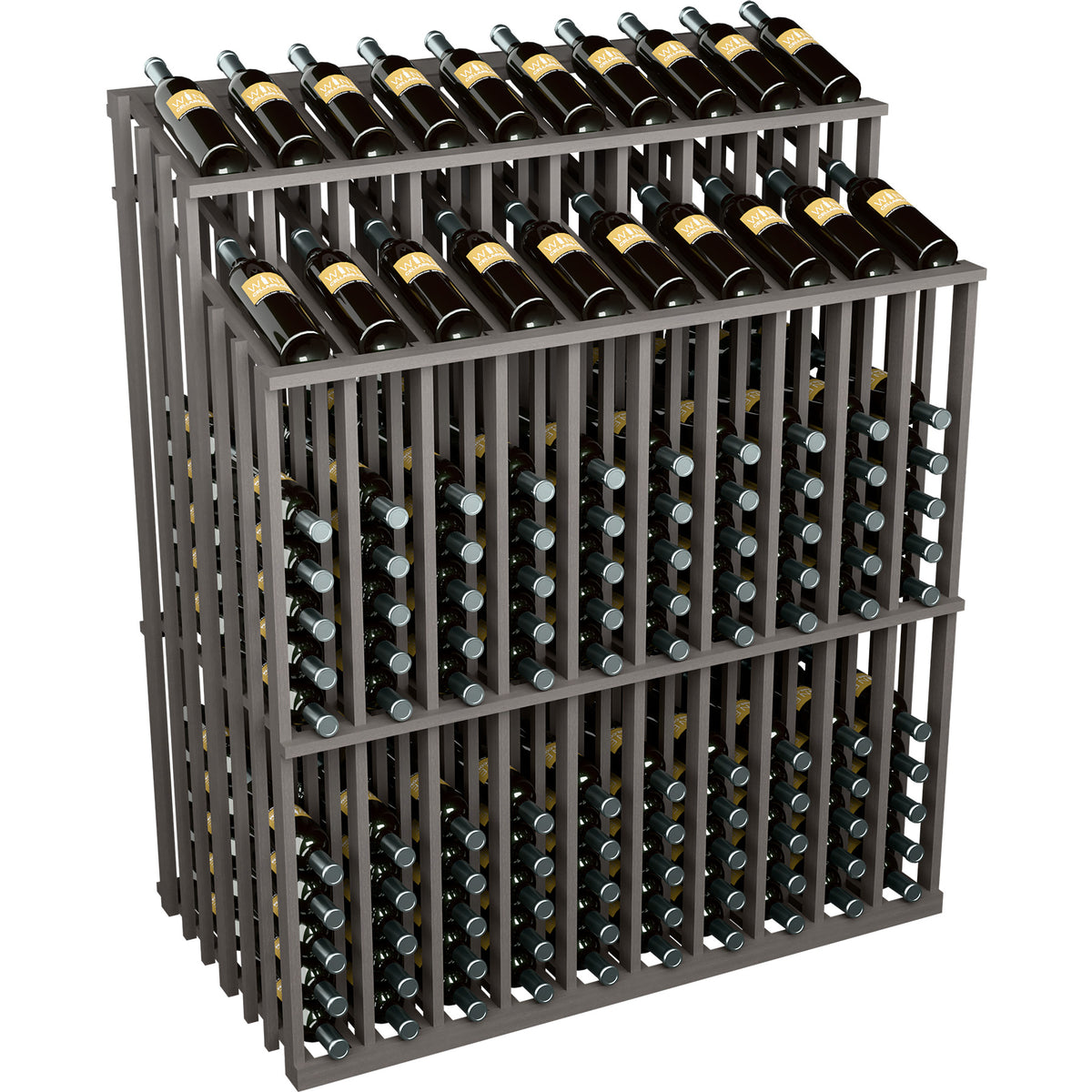 Gray double-sided wine bottle display rack with 2 rows of bottles in front holders