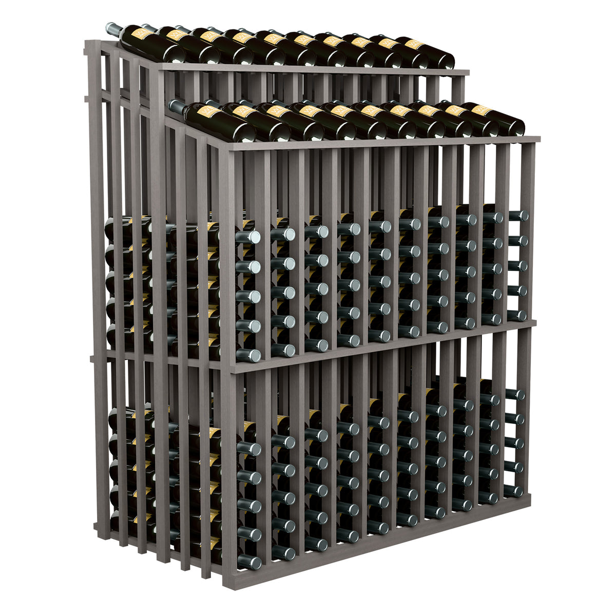 Wine bottle display rack with metal bottle holders and top row of bottles