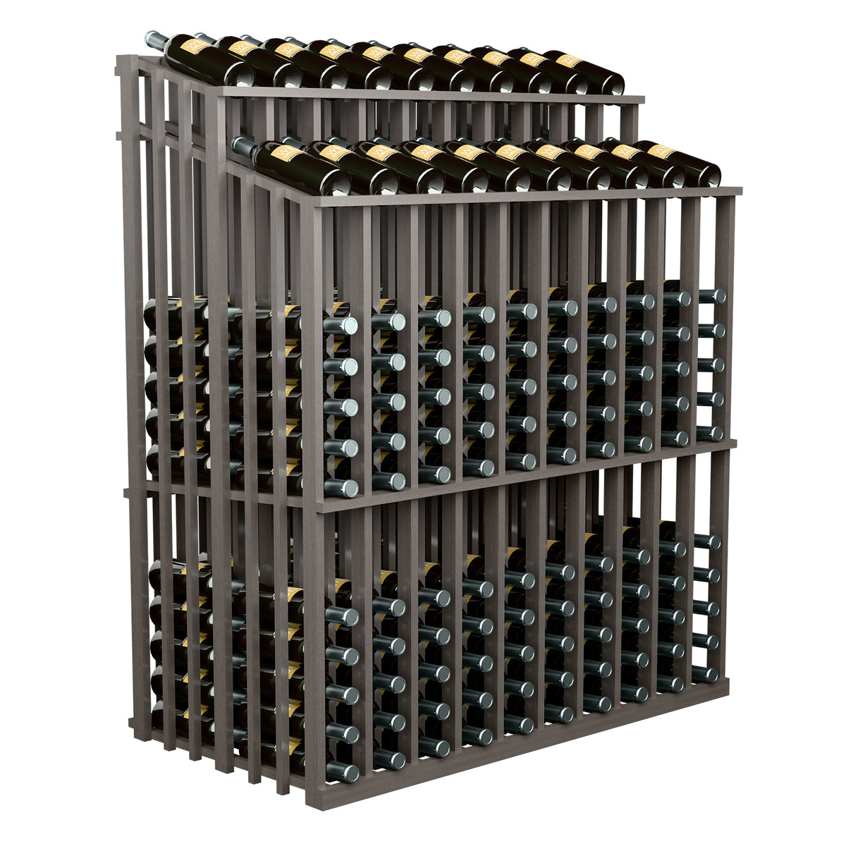 Double-reveal wine bottle display rack with gray frame, angled view, two bottle tiers