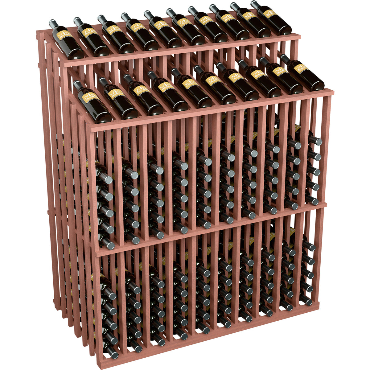 Reddish wood wine bottle display rack with dark bottles and metal bottle holders
