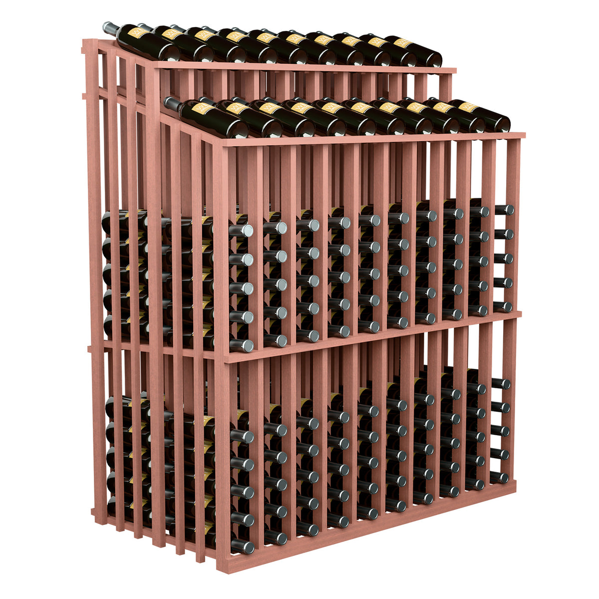 Red-stained wood double-sided wine bottle display rack with bottles in two rows