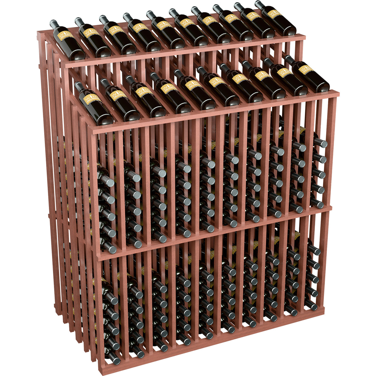 Double-reveal wine bottle display rack with reddish wood frame and two rows of bottles