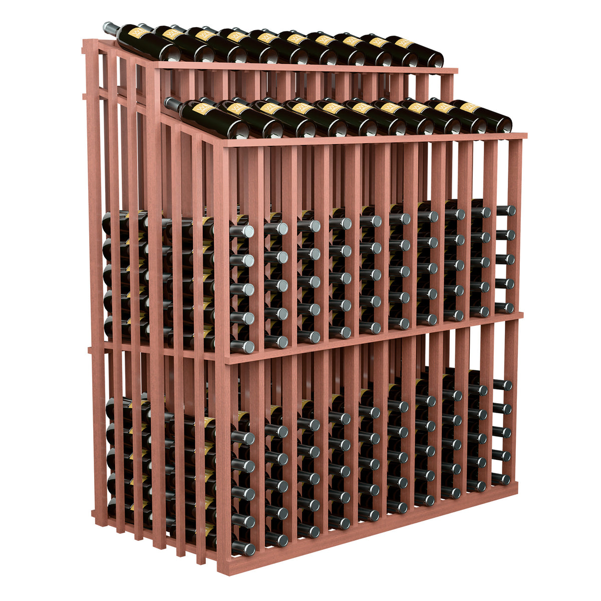 Double-reveal wine bottle display rack with reddish wood frame and two bottle tiers