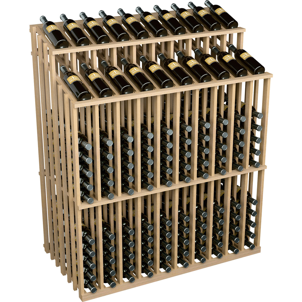 Light wood wine bottle display rack with bottle slots and dark bottles filling the grid