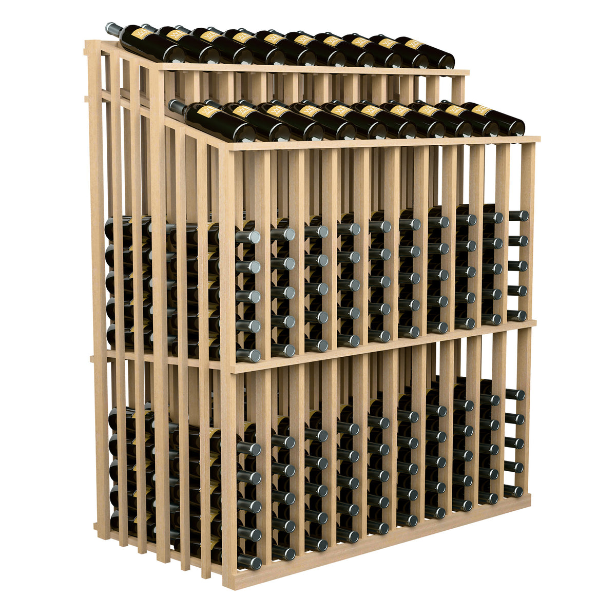 Pale wood wine bottle display rack with dark bottles in metal holders, side view