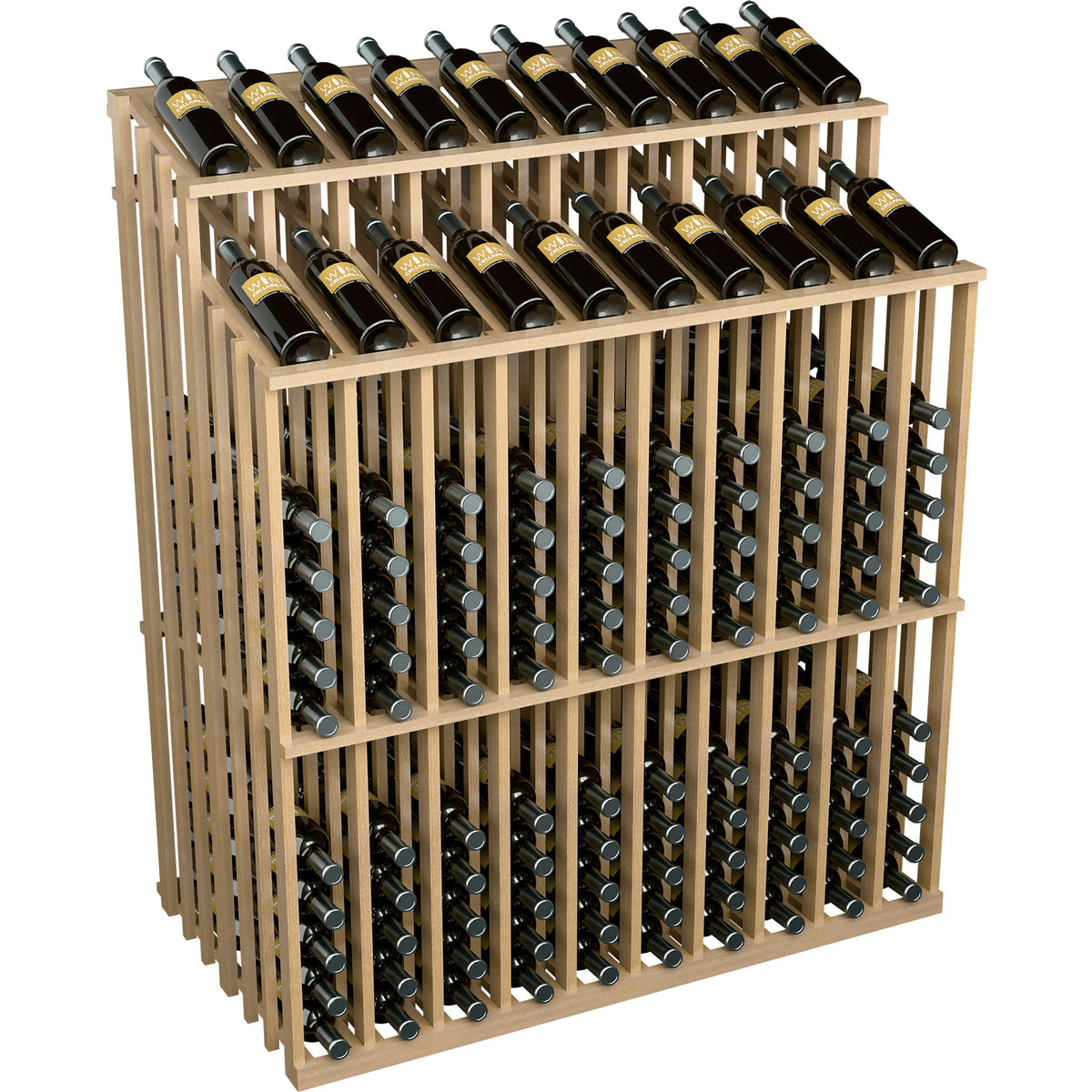 Double-reveal wine bottle display rack with light wood frame and two rows of bottles