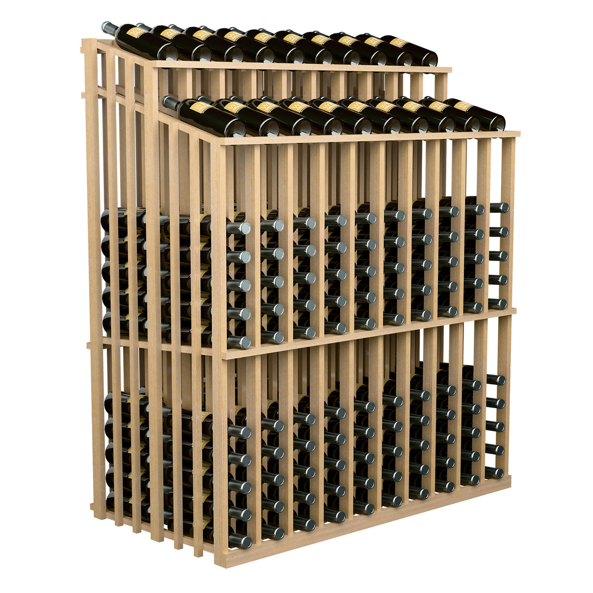 Double-reveal wine bottle display rack with light wood frame, angled view, two bottle tiers