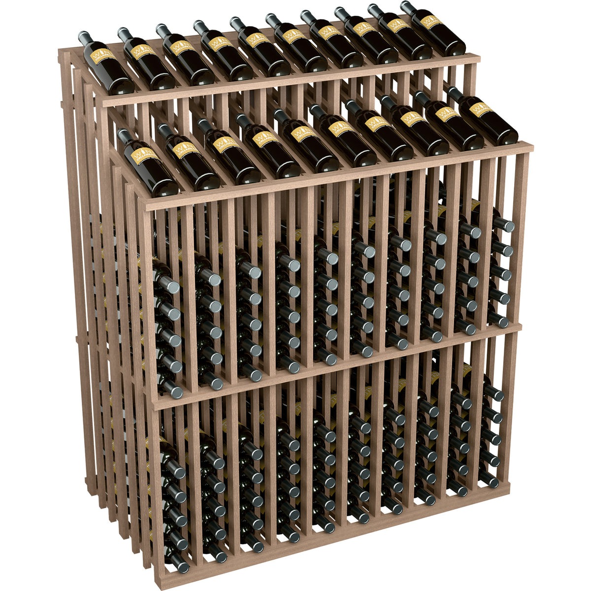 Wood wine bottle display rack with dark bottles and metal holders, front corner view