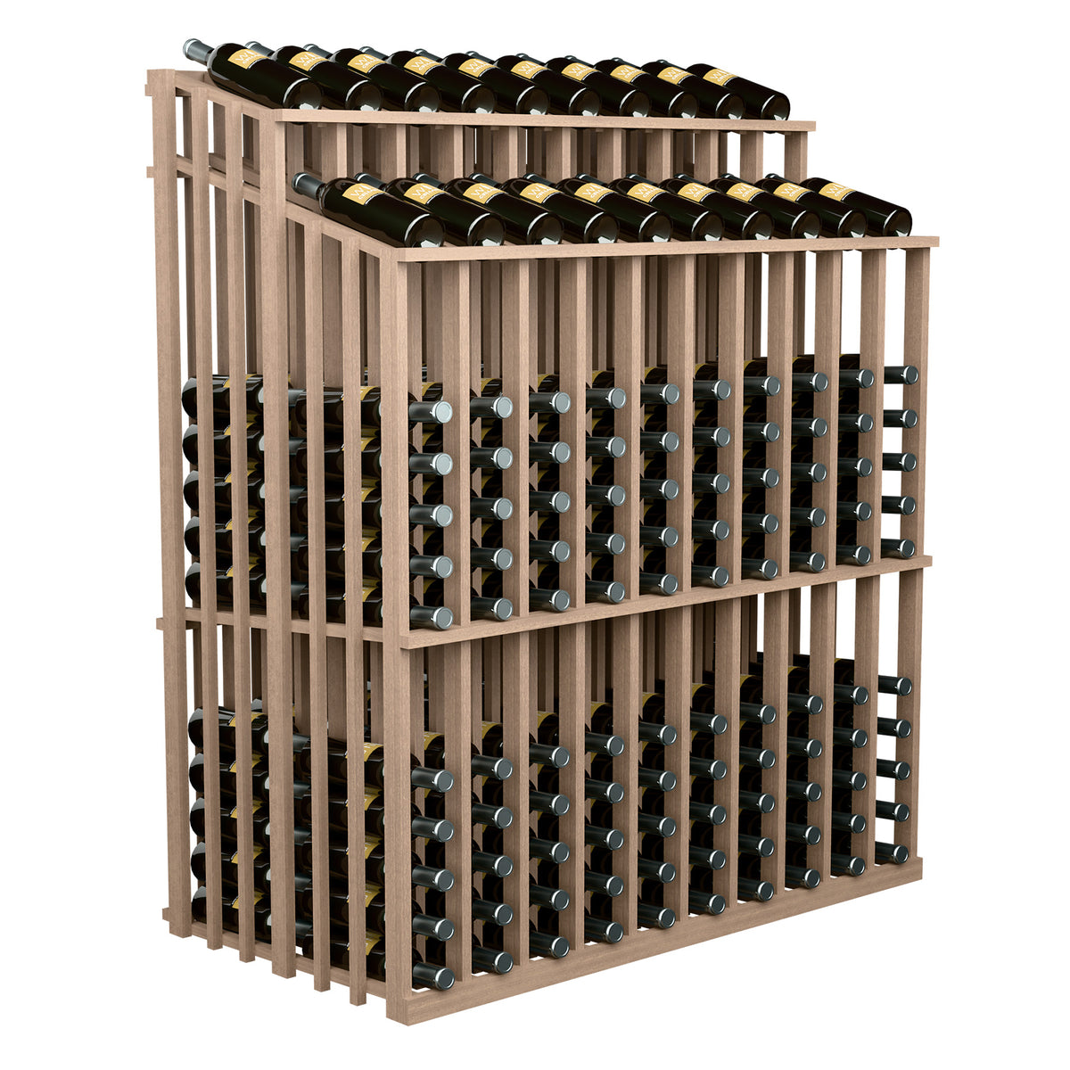 Light wood wine bottle display rack with dual top rows and front bottle openings