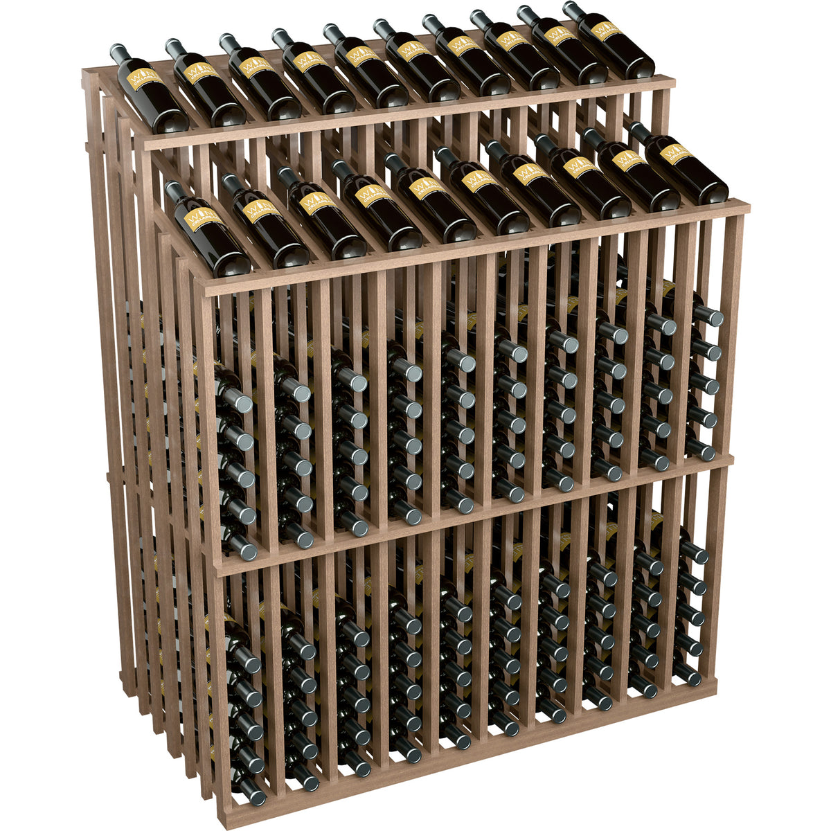 Double-reveal wine bottle display rack with medium light wood frame and two rows of bottles