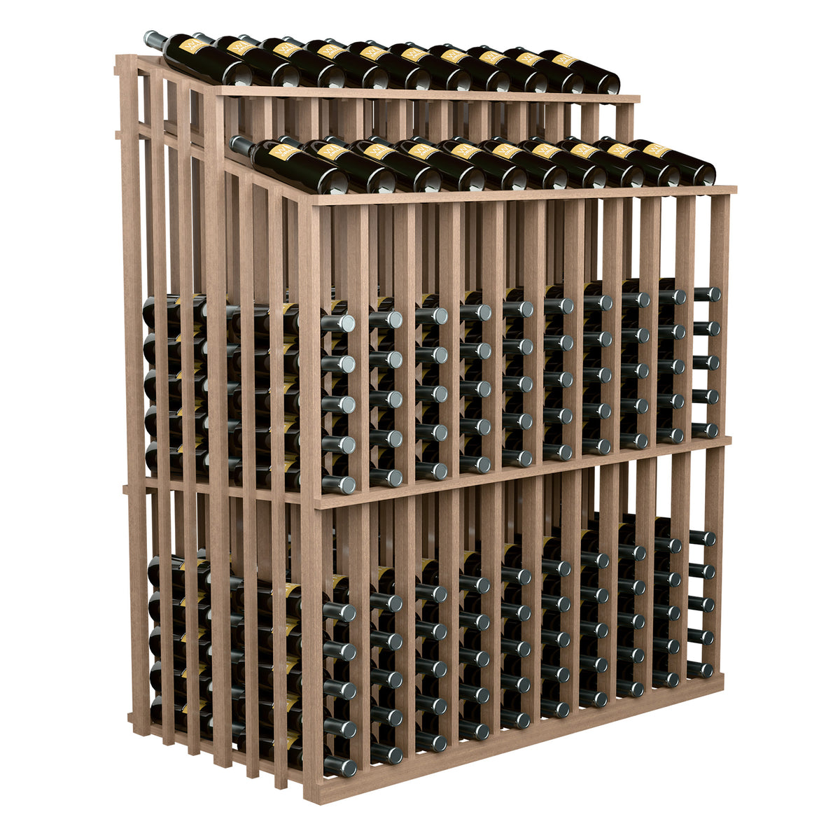 Double-reveal wine bottle display rack with light wood frame and two bottle tiers