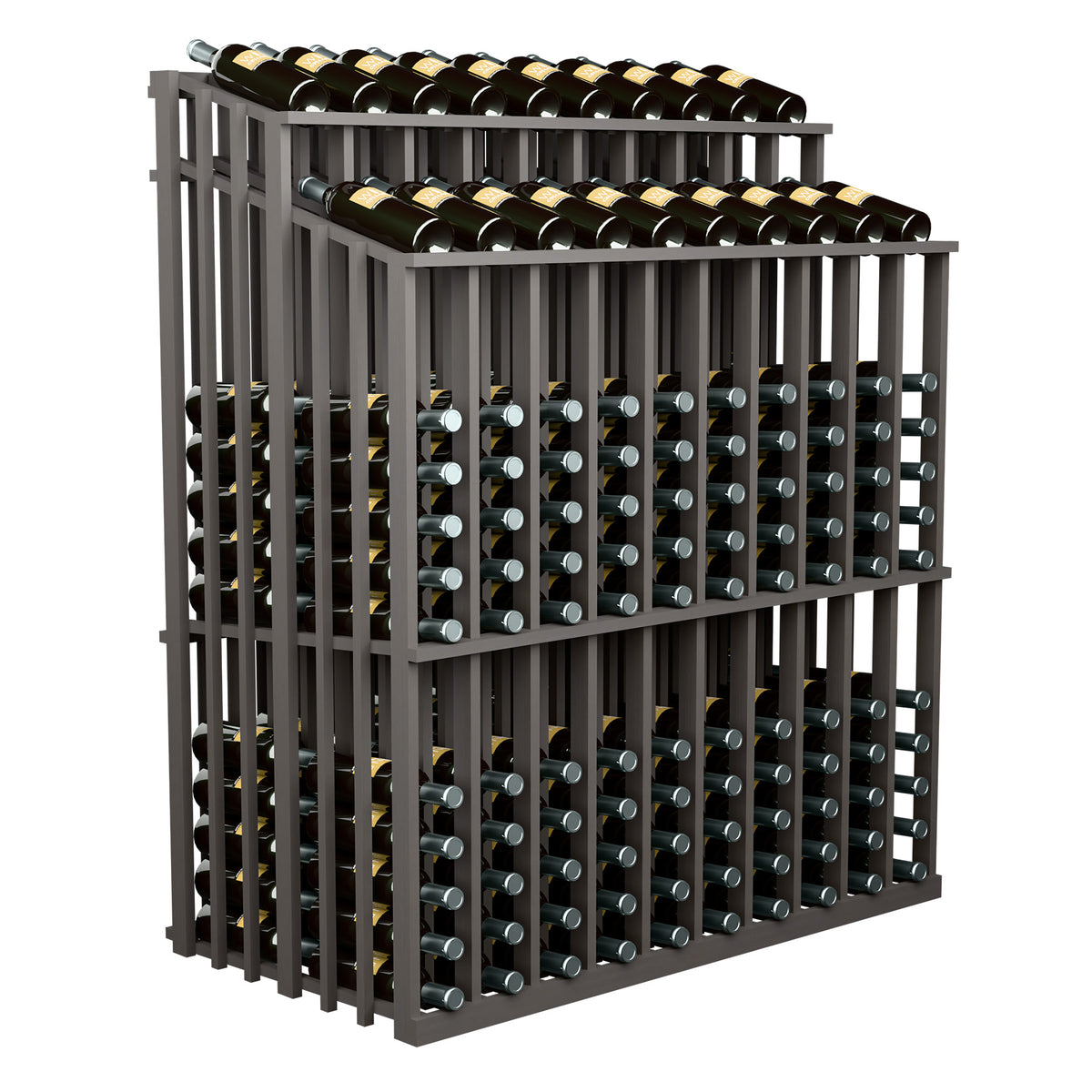 Commercial wine bottle display rack with rows of horizontal bottle holders and metal pegs