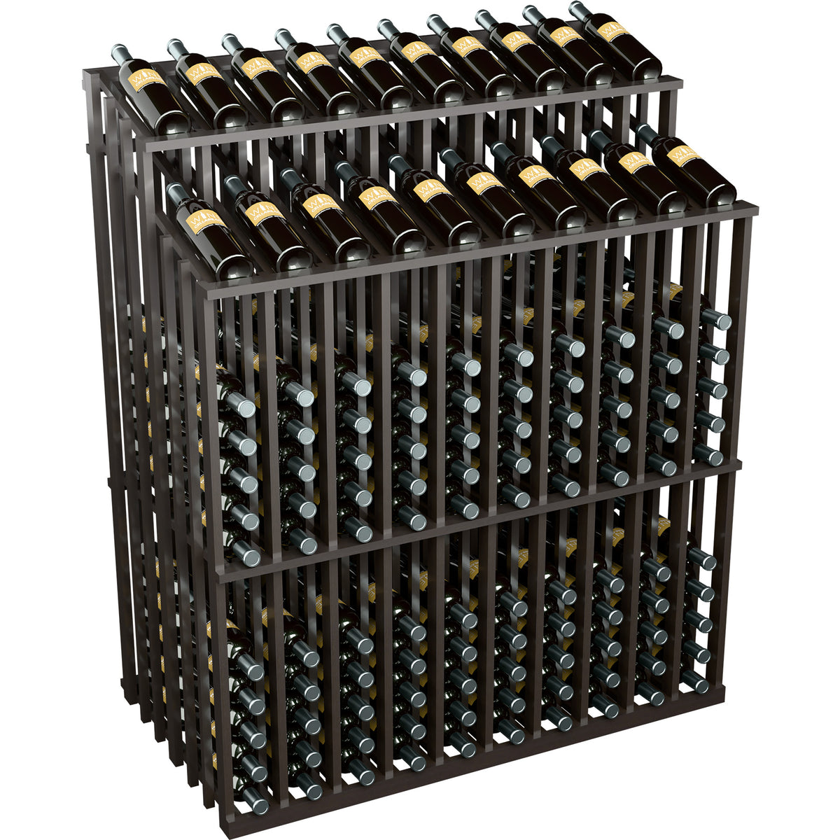 Double-reveal wine bottle display rack with dark gray frame and two rows of bottles
