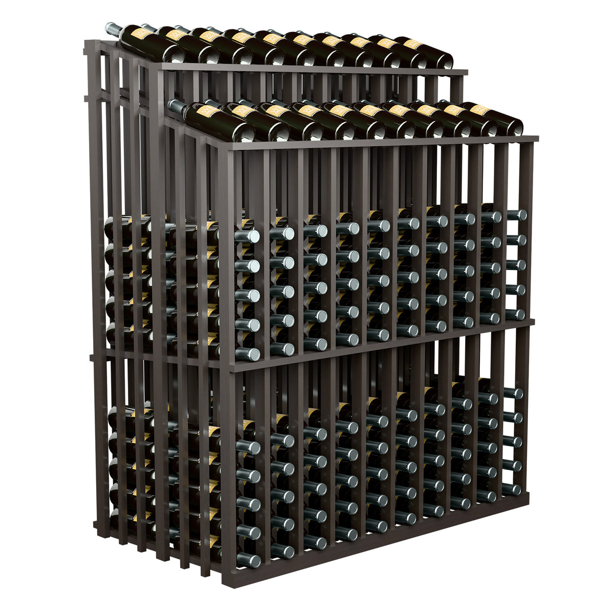 Double-reveal wine bottle display rack with dark gray frame and two bottle tiers, side view