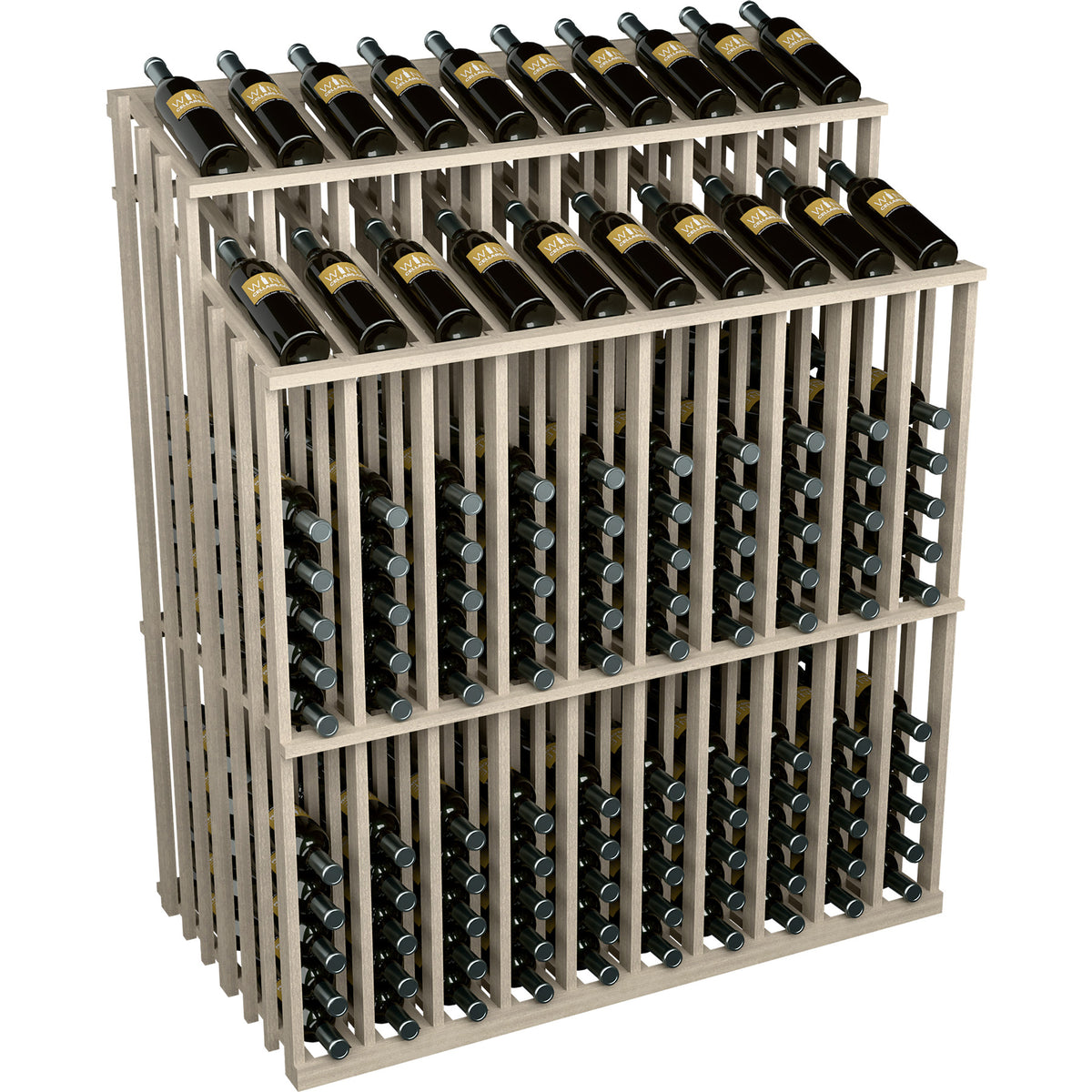 Cream wood wine bottle display rack with dual top rows and bottle holder openings