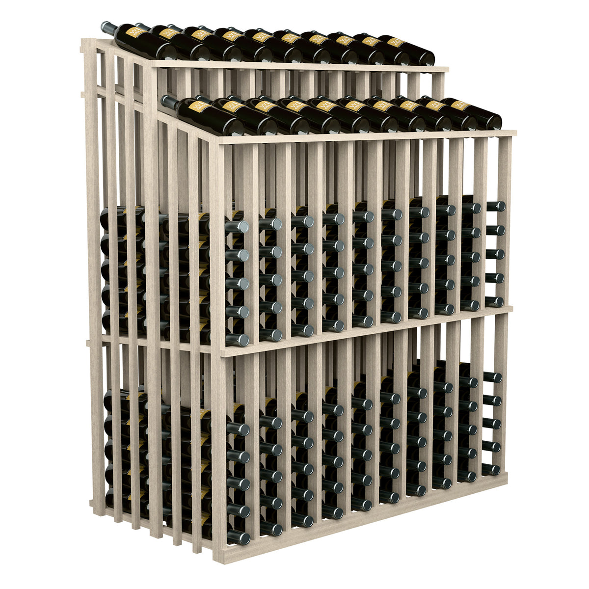 Light wood wine bottle display rack with two rows of bottles in metal slots