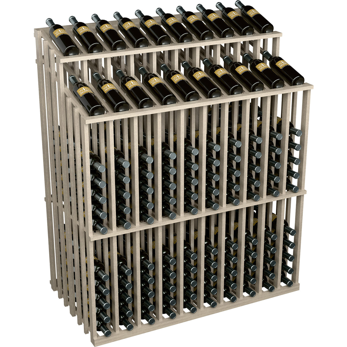 Wine bottle display rack with black bottles, front view, white wood finish.