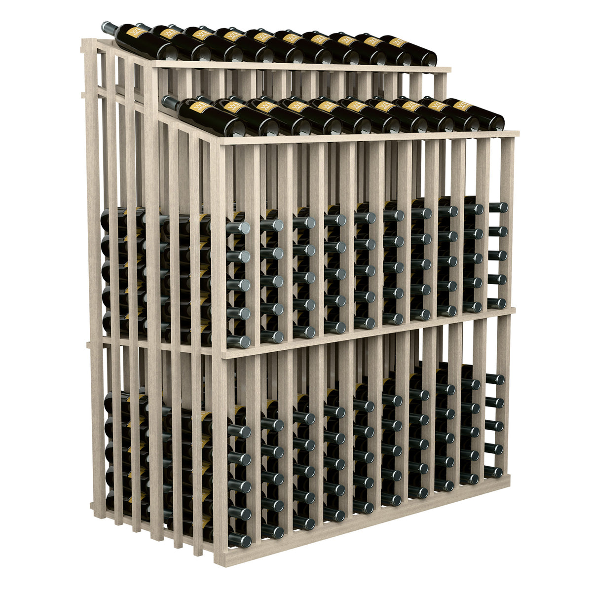 Wine bottle display rack with black bottles, angled front view, light wood finish.