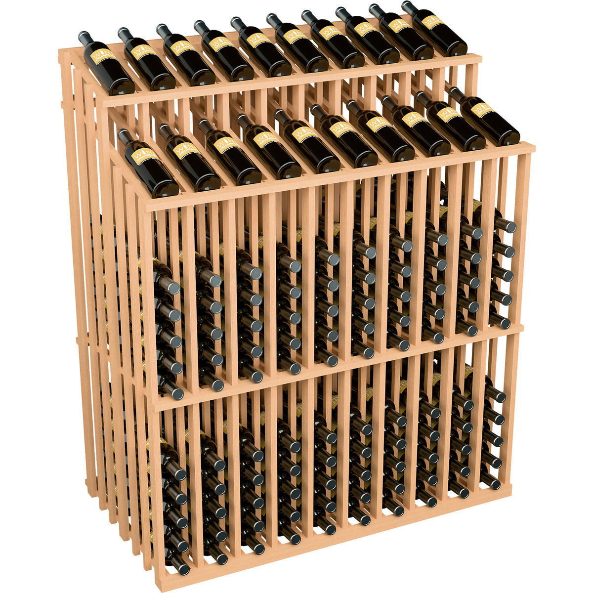 Light wood wine bottle display rack, angled view, dark bottles in metal holders