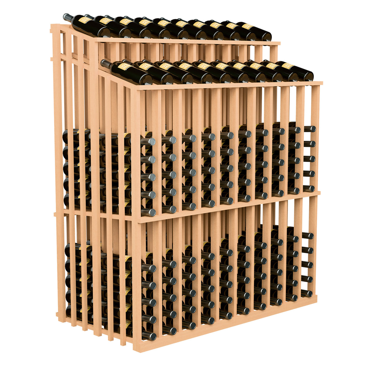 Red-toned wood wine bottle display rack with dual top rows and bottle slots