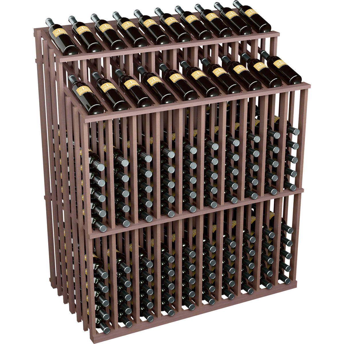 Wooden double-sided wine bottle display rack with two rows of bottles and metal neck holders