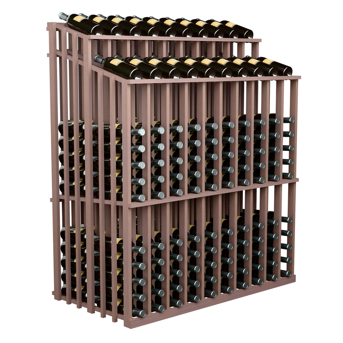 Wood wine bottle display rack with 230 bottles, double-reveal, dark brown frame and black bottles.