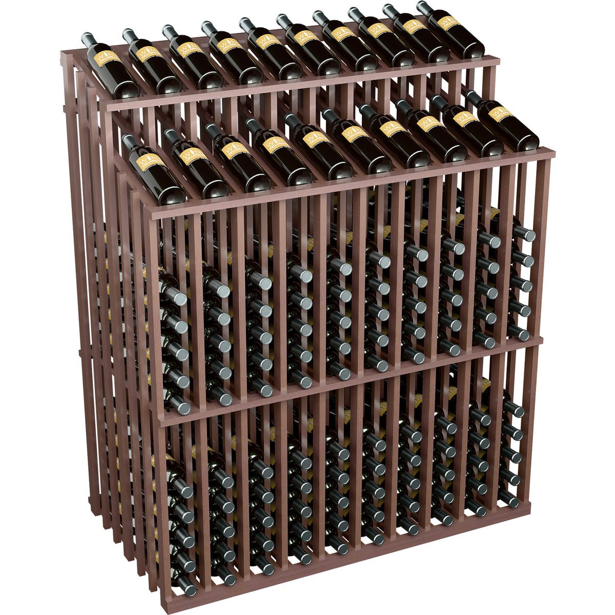 Wine bottle display rack with black bottles, front view, dark wood finish.