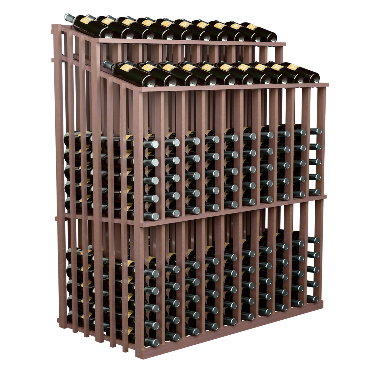 Wine bottle display rack with black bottles, angled front view, dark wood finish.