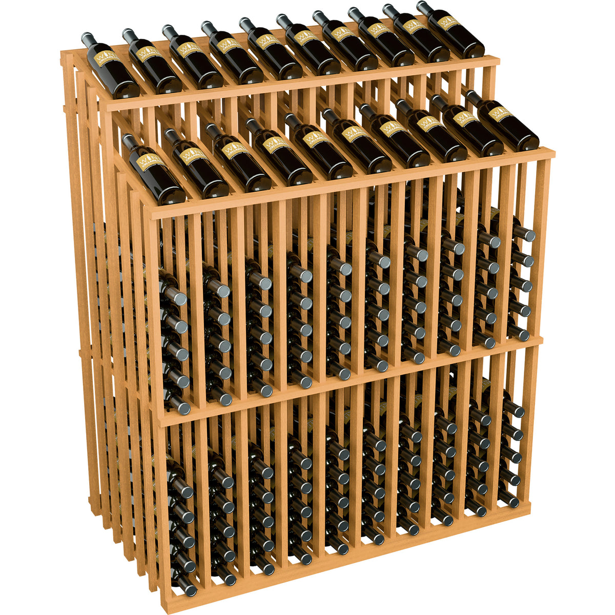 Light wood wine bottle display rack with dark bottles in metal holders, front view