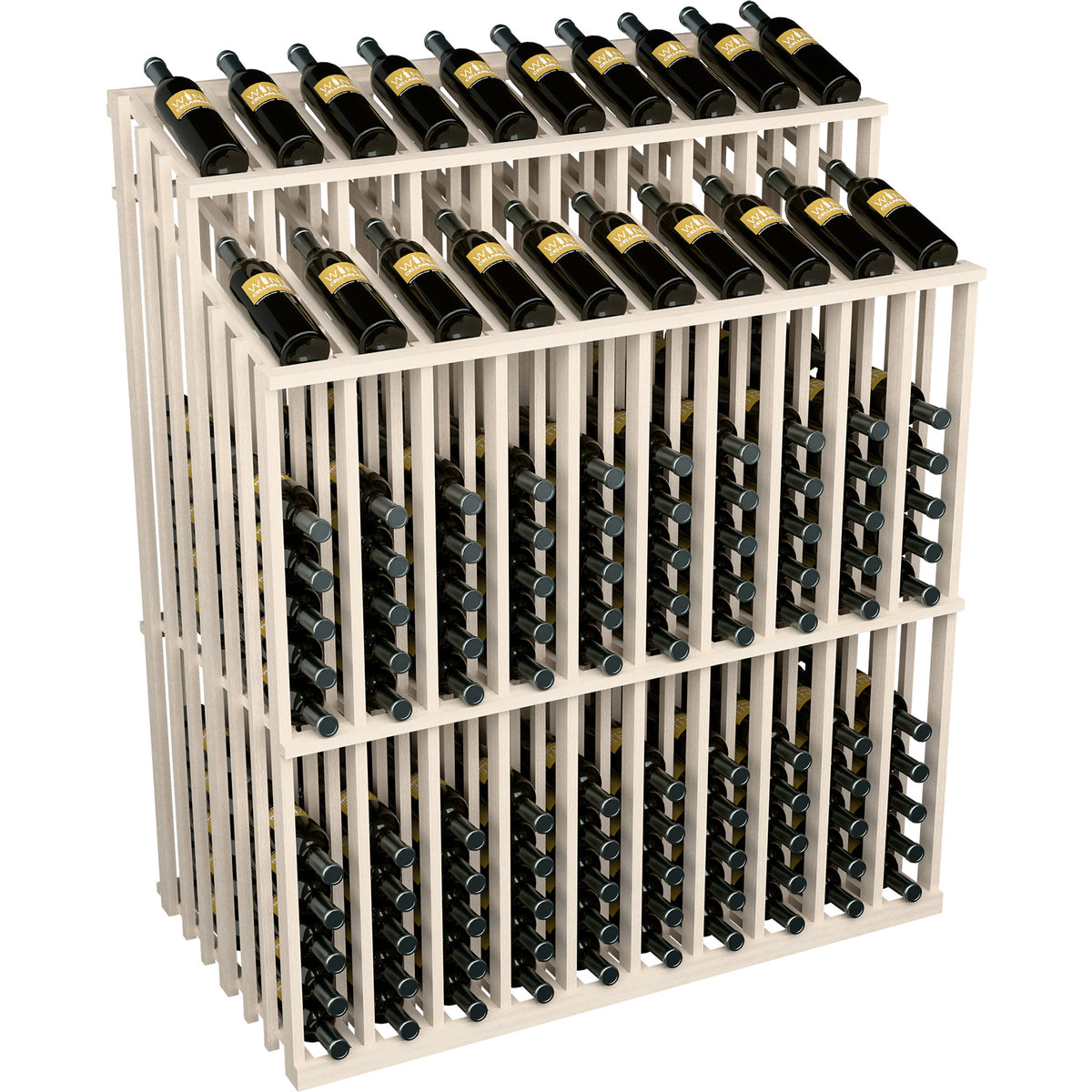 Whitewashed wooden double-sided wine bottle display rack with rows of wine bottles