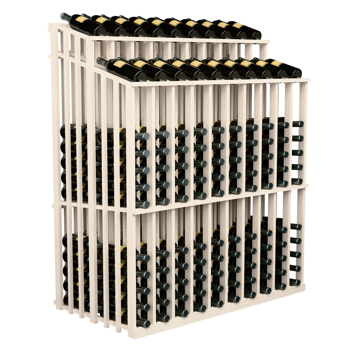 White wood wine bottle display rack with two rows of bottles in metal slots