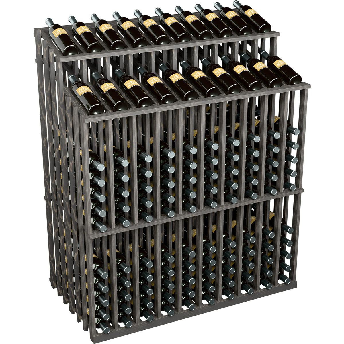 Dark gray wine bottle display rack with bottle slots and dark bottles in a grid