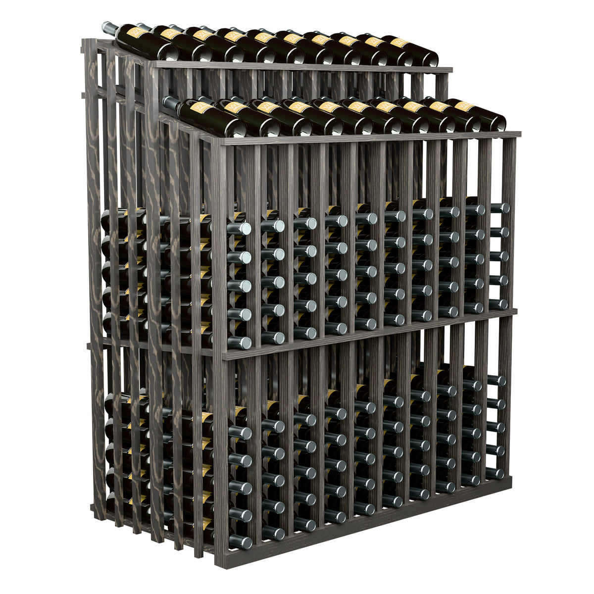 Wine bottle display rack with dark gray wood frame and rows of wine bottles.