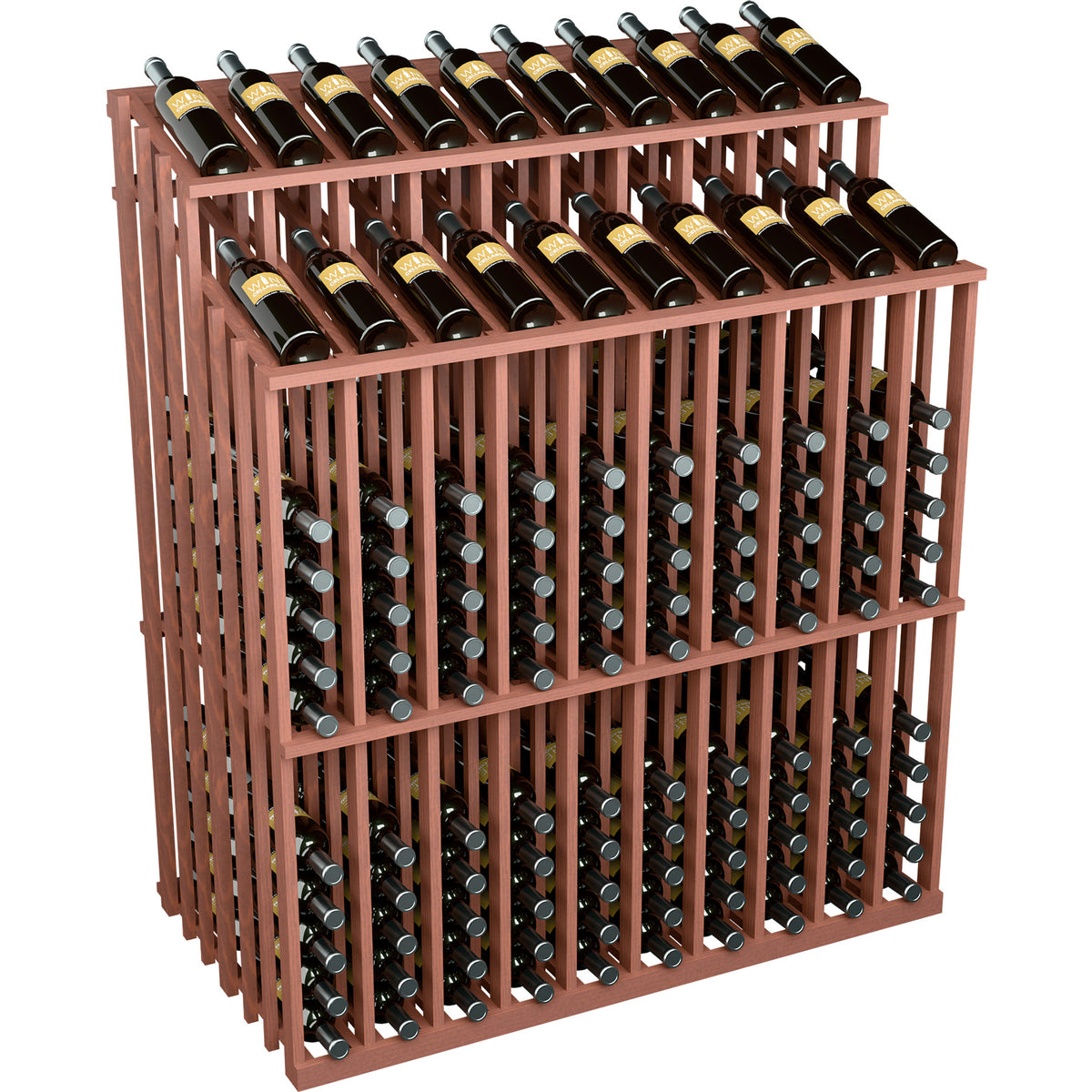 Red-brown wooden double-sided wine bottle display rack holding many wine bottles in rows