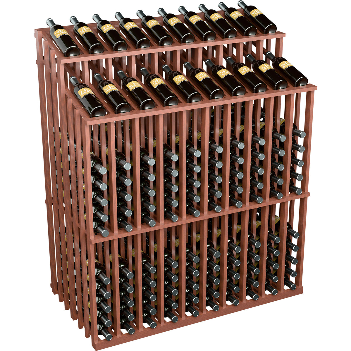 Wine bottle display rack with reddish brown wood frame and rows of wine bottles.