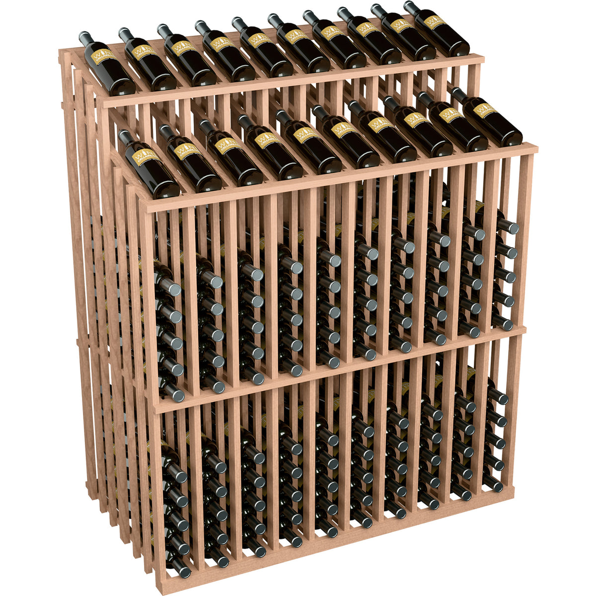 Reddish wood wine bottle display rack with dark bottles and metal holders, front view