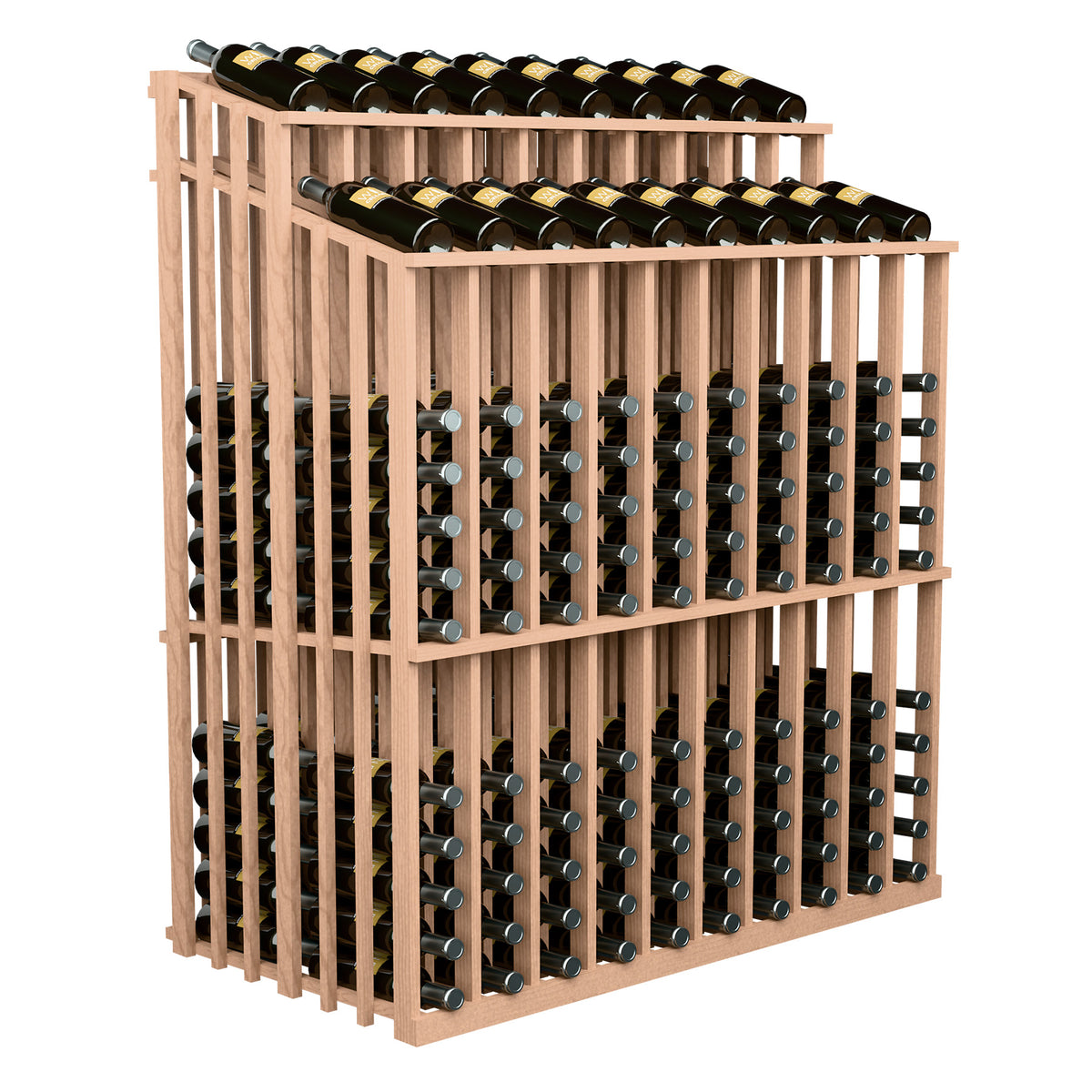 Wood wine bottle display rack with 230 bottles, double-reveal, light wood frame and black bottles.