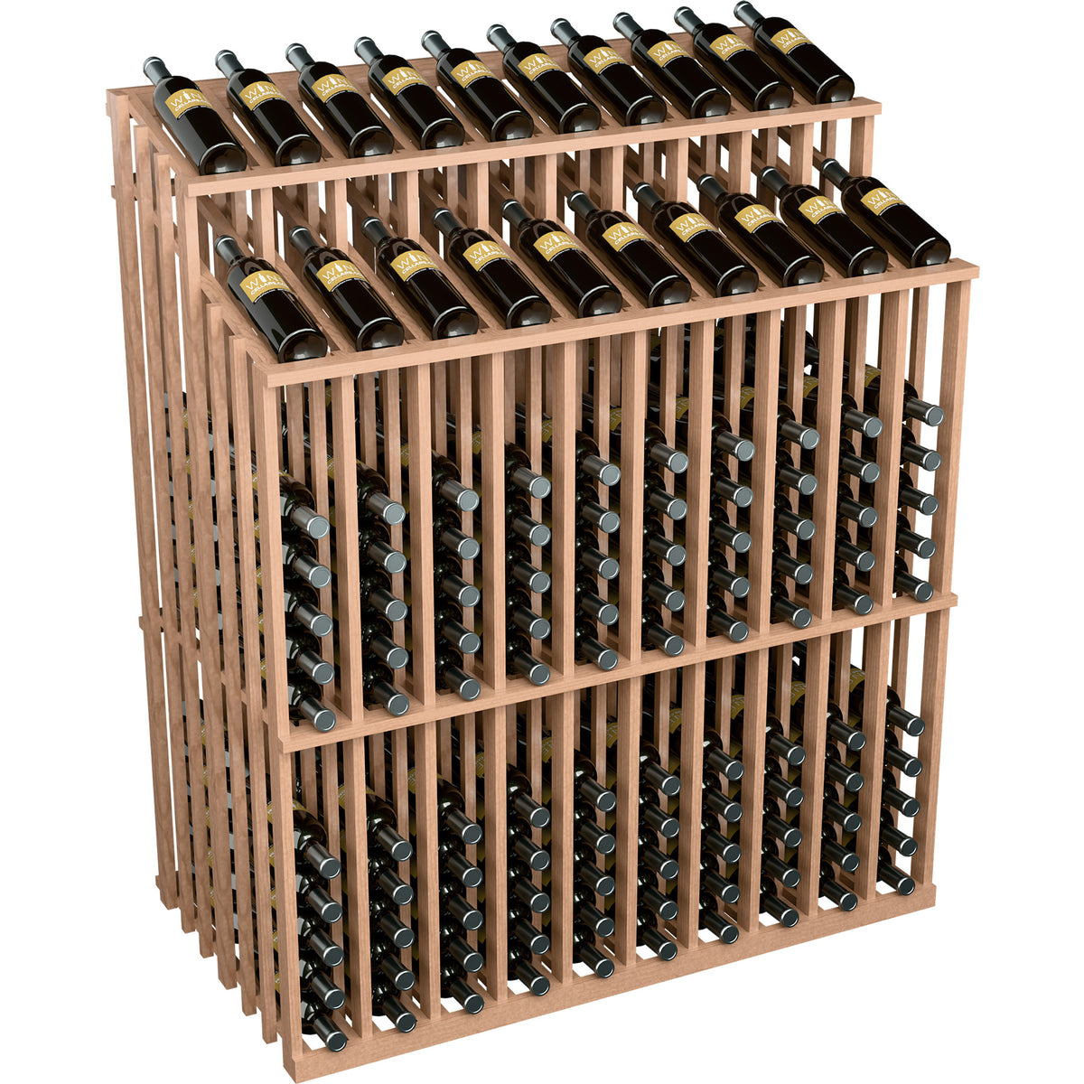 Wine bottle display rack with light brown wood frame and rows of wine bottles.