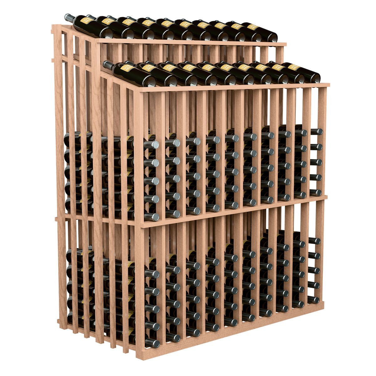 Wine bottle display rack with pale light wood frame and rows of wine bottles.