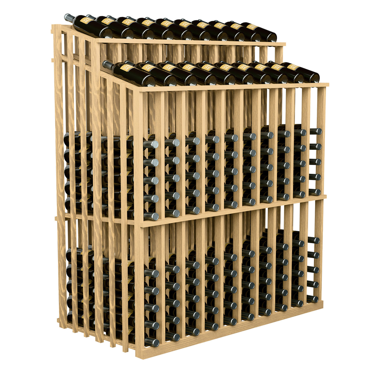 Natural wood wine bottle display rack with dual top rows and front bottle slots