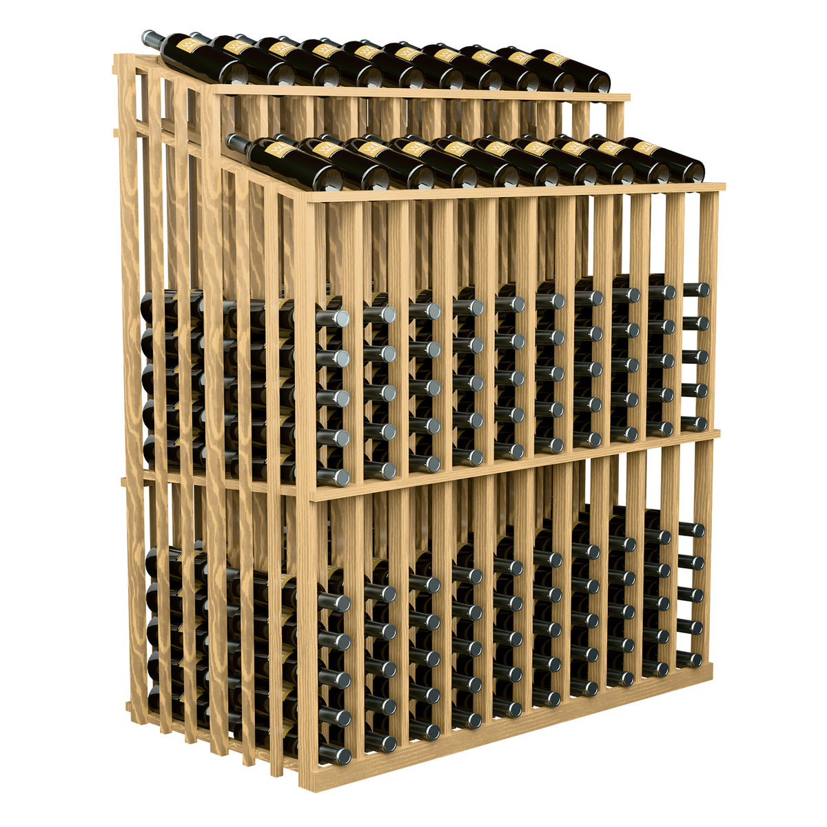 Wine bottle display rack with light wood frame, holding rows of wine bottles.