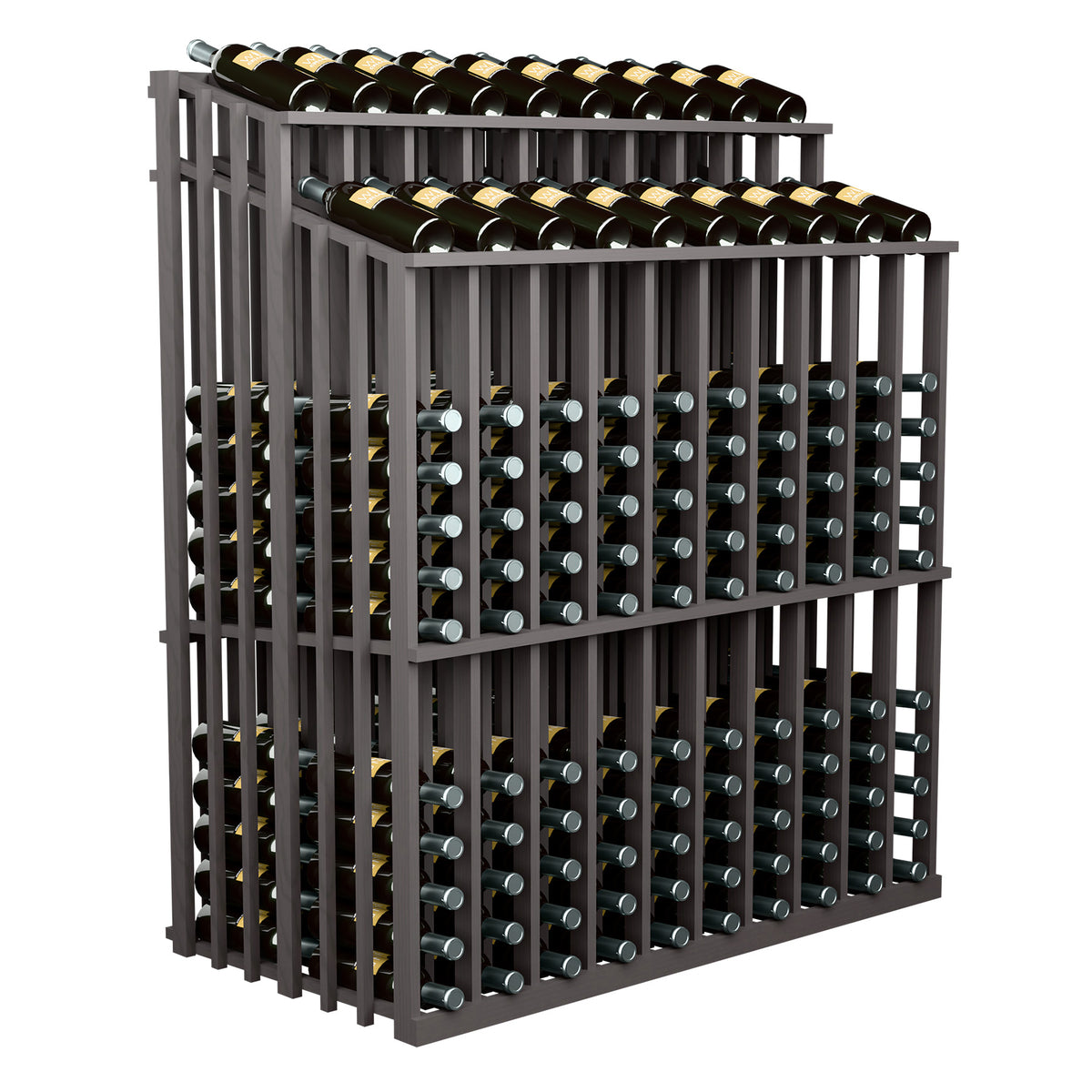 Two-level wine bottle display rack with angled view showing bottle holder pegs