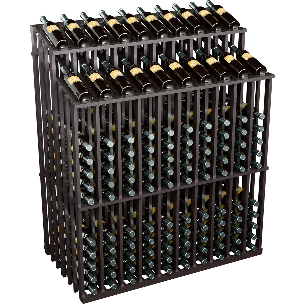Wine bottle display rack with dark wood frame and tightly packed rows of wine bottles.