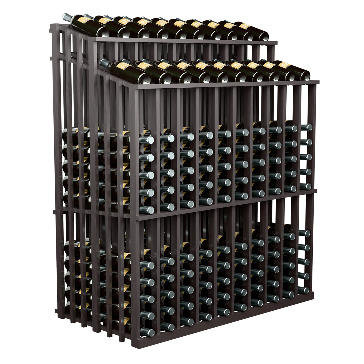Wine bottle display rack with dark gray wood frame and rows of wine bottles.
