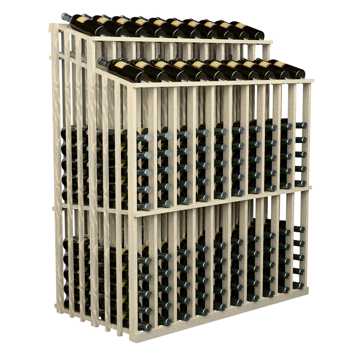 Pale wood wine bottle display rack with dual top rows and bottle holder grid