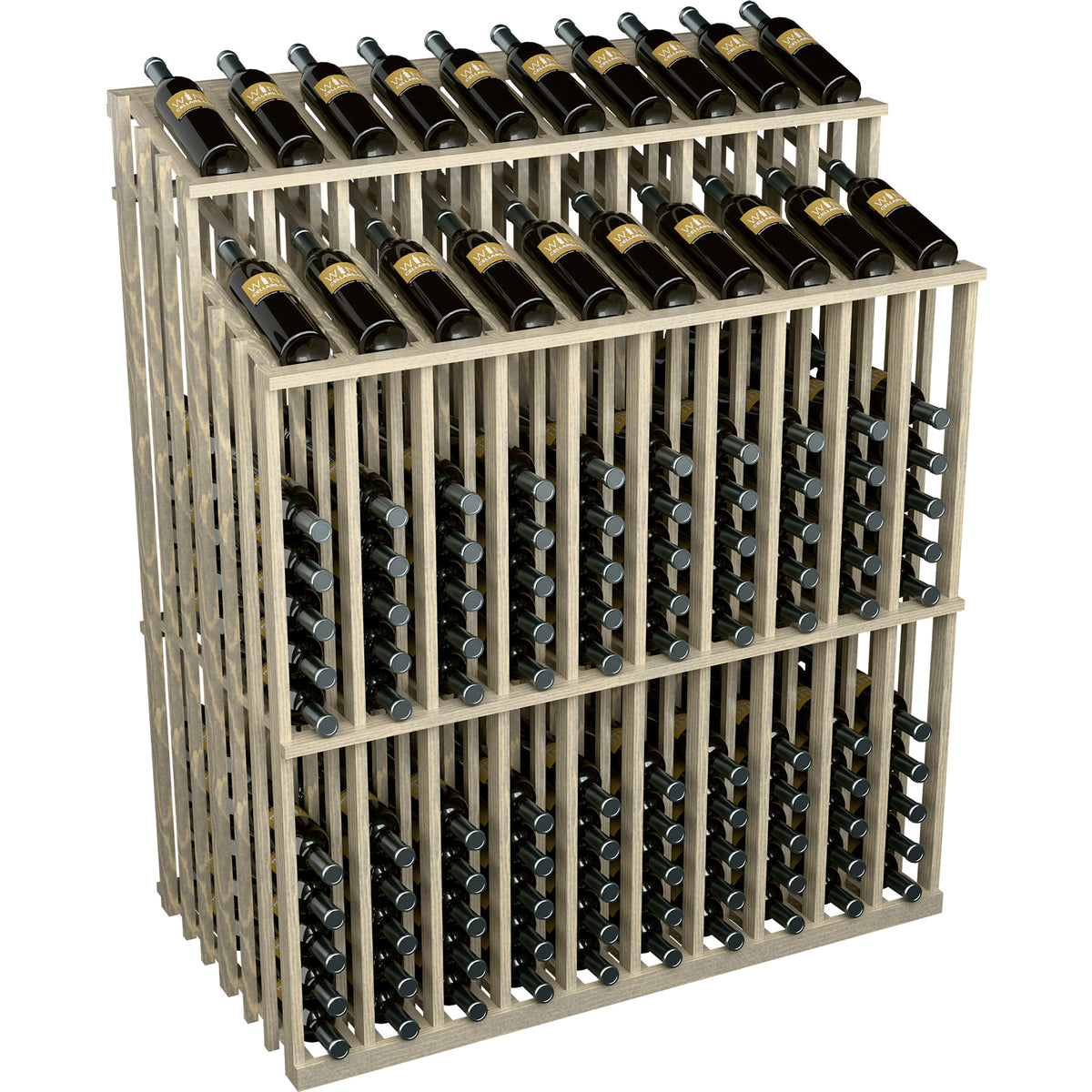 Light wood wine bottle display with two rows of bottles on metal pegs