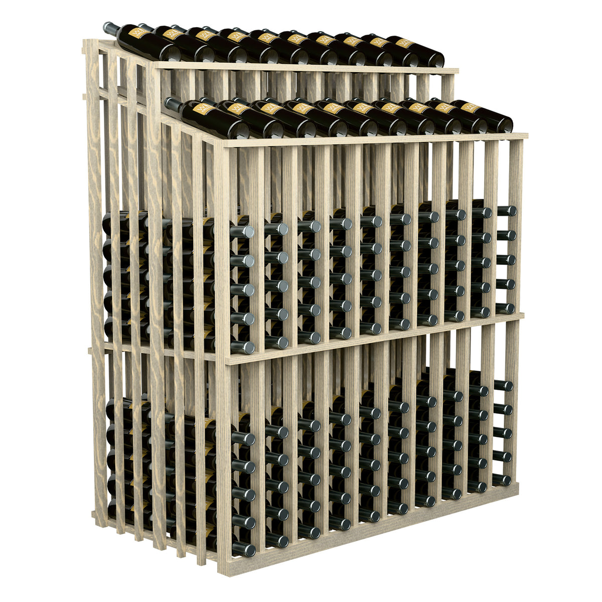 Light wood wine bottle display rack showing bottle rows and metal peg slots