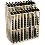 Natural wood wine bottle display rack showing bottle slots and dark bottles in rows