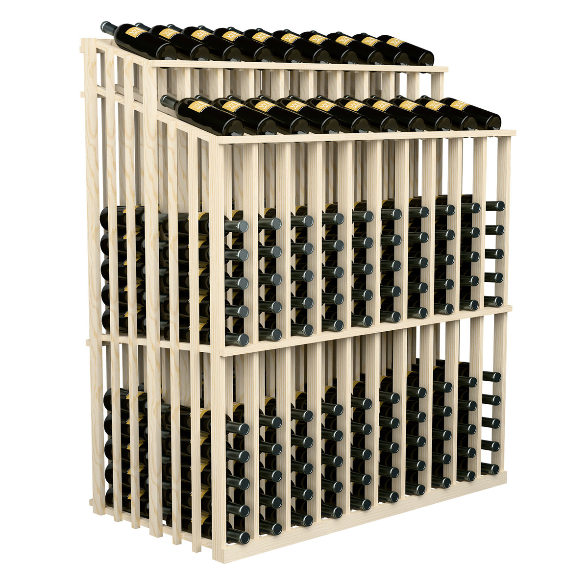 Wood wine bottle display rack with dual top rows and front bottle openings
