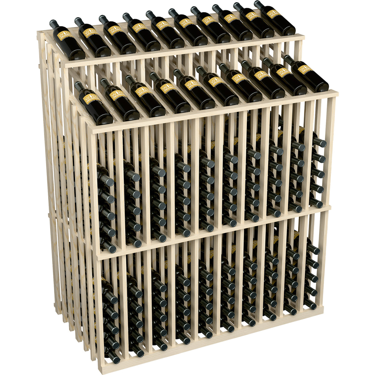Light wood wine bottle display with multiple bottles fitted in metal holders